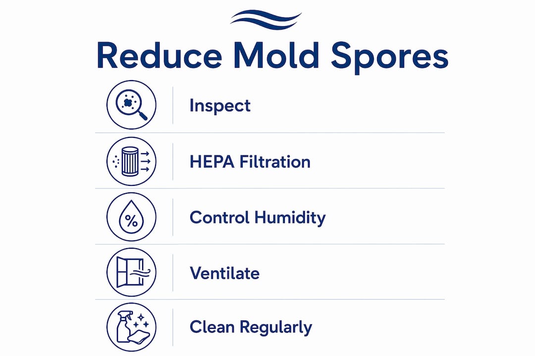 Infographic illustrating 5 steps to reduce mold spores in a child's bedroom