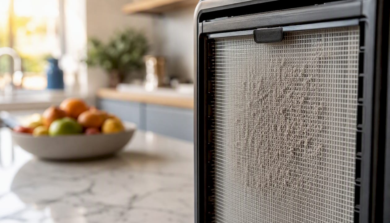 Close-up of air purifier filter capturing PM2.5