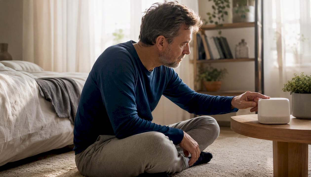 Man monitoring bedroom air quality sensor