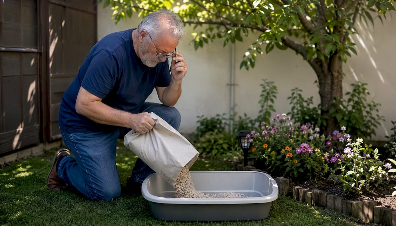 Man carefully pouring fresh cat litter in kitchen