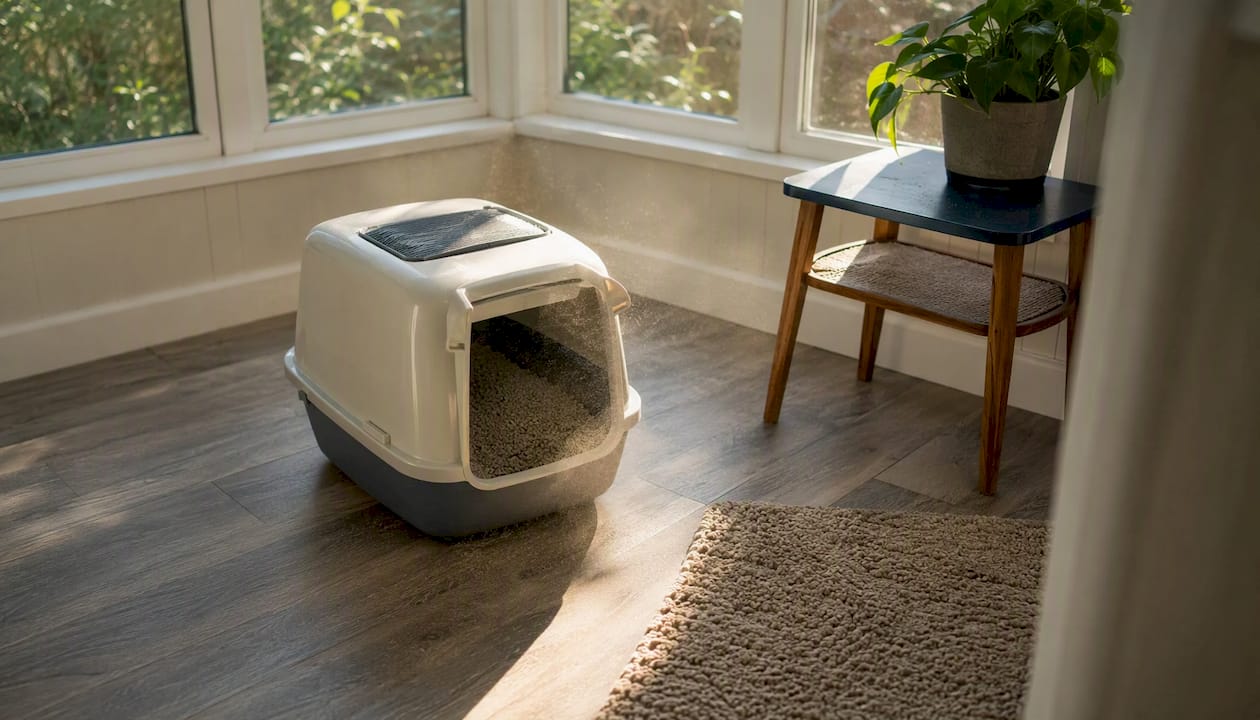 Close-up of litter box with visible dust particles
