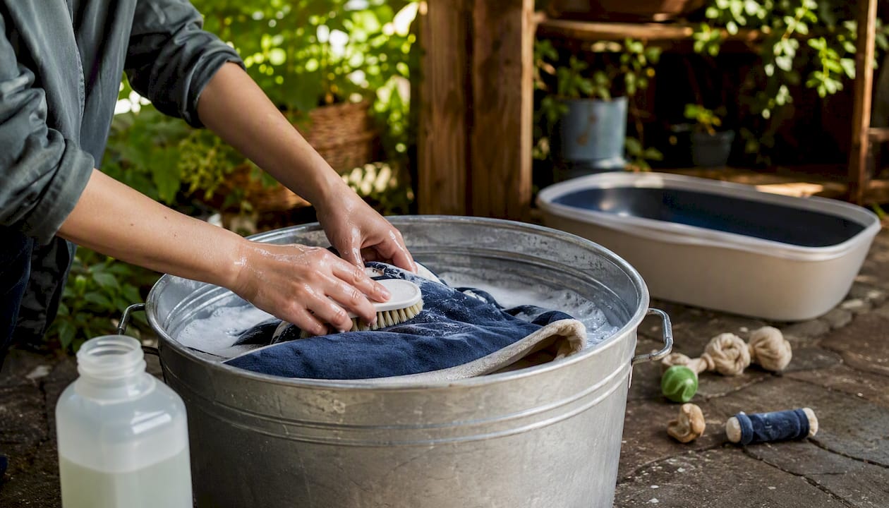 Hands washing pet bedding in laundry room