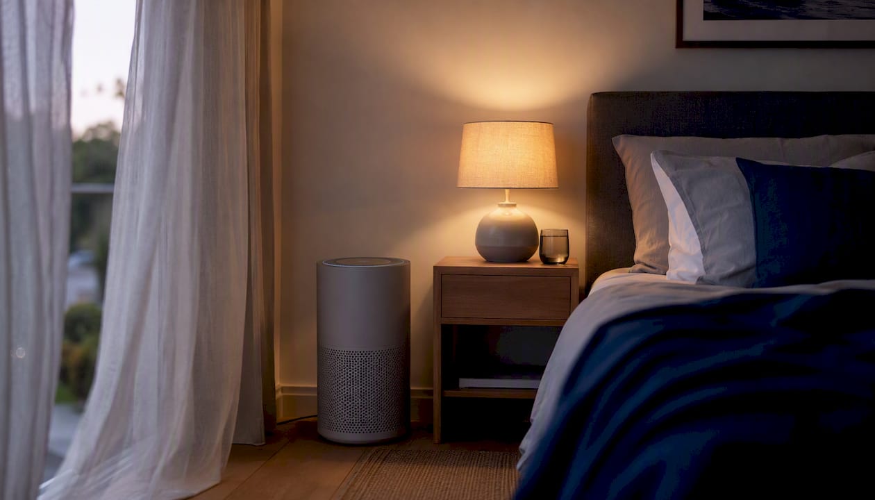 Bedroom corner showing air purifier placement near bed