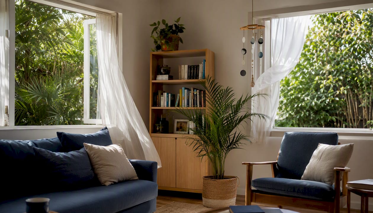 Open windows creating cross ventilation in home