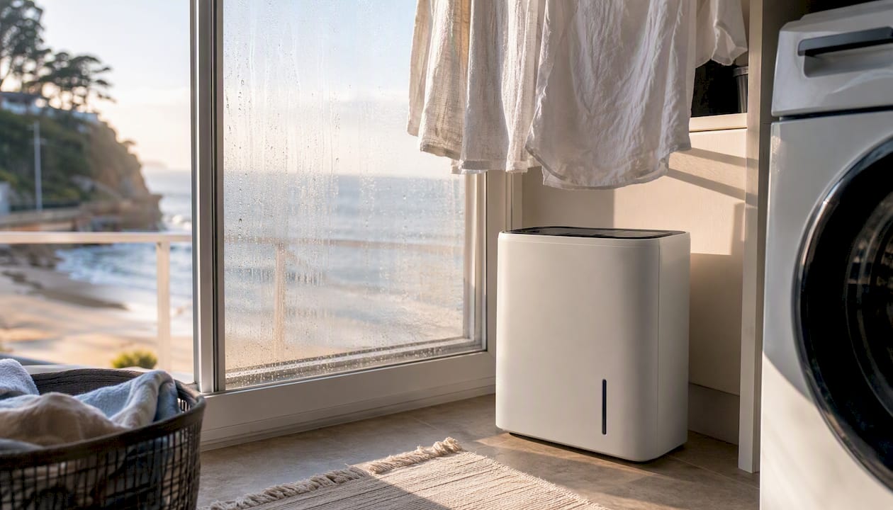 Humidifier in coastal home laundry room