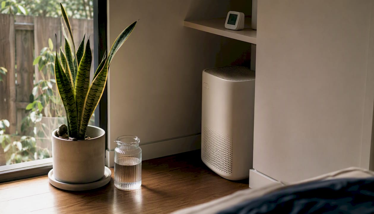 Partial silhouette of air purifier and humidity monitor indoors