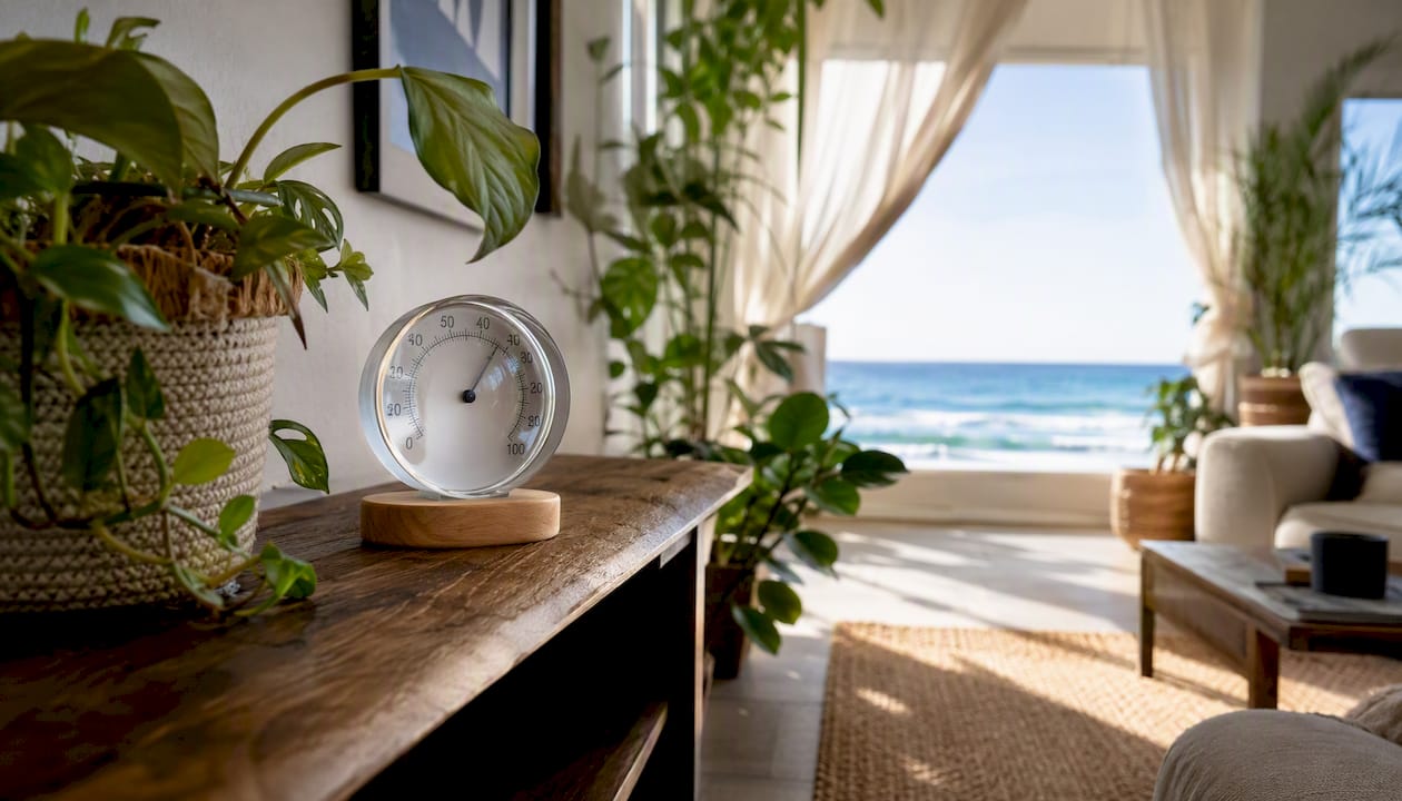 Indoor humidity monitor with coastal home background