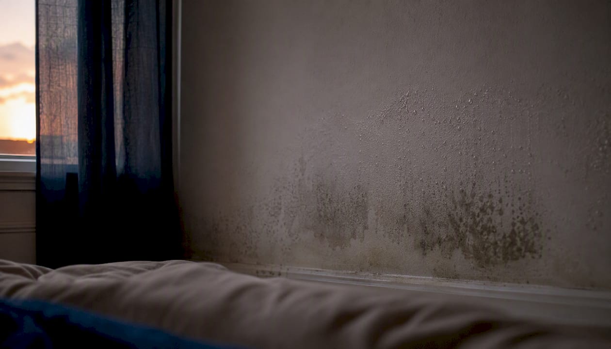 Bedroom wall with mould and condensation