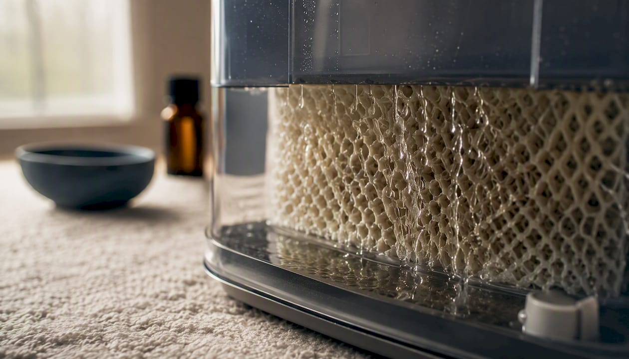 Close-up of humidifier wick filter with water droplets