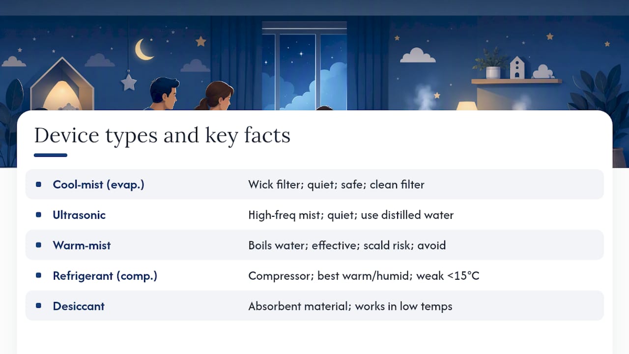 Comparison chart of humidifier and dehumidifier types