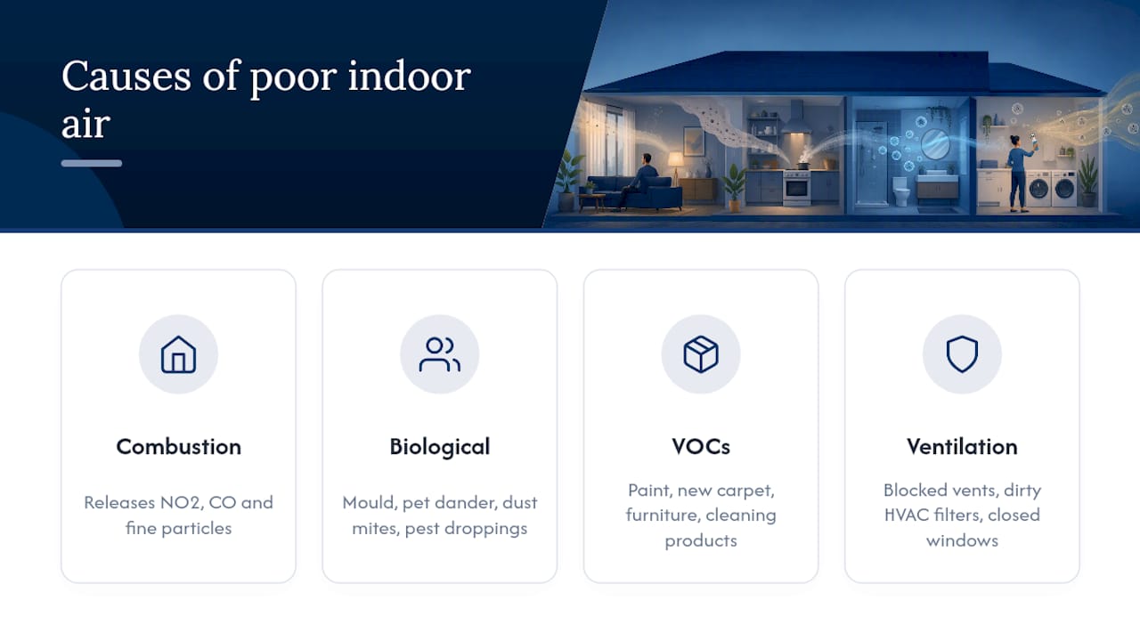 What causes poor indoor air quality in Australian homes? — overview diagram