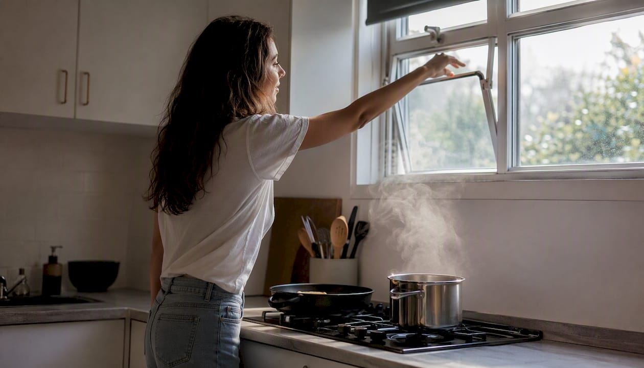 Person opening kitchen window to ventilate cooking fumes