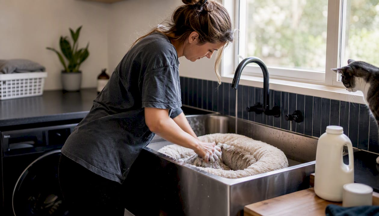 Hands washing pet bedding in rental laundry