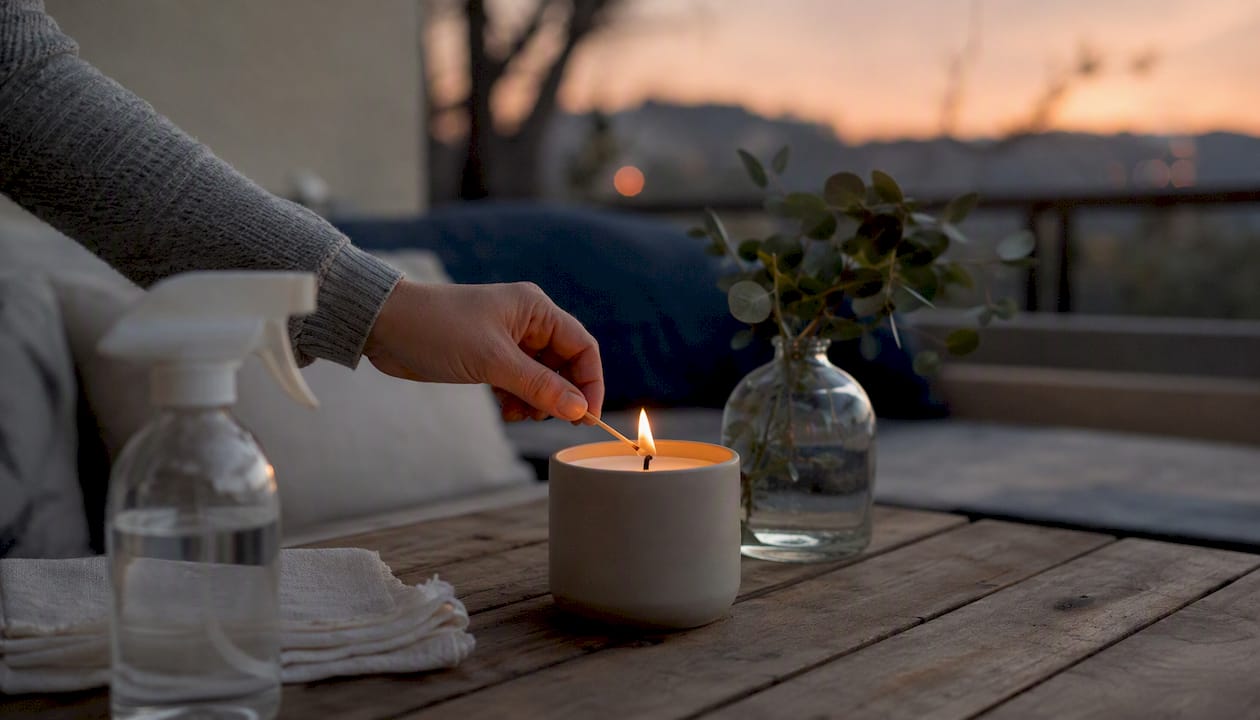 Hand lighting unscented candle on kitchen counter
