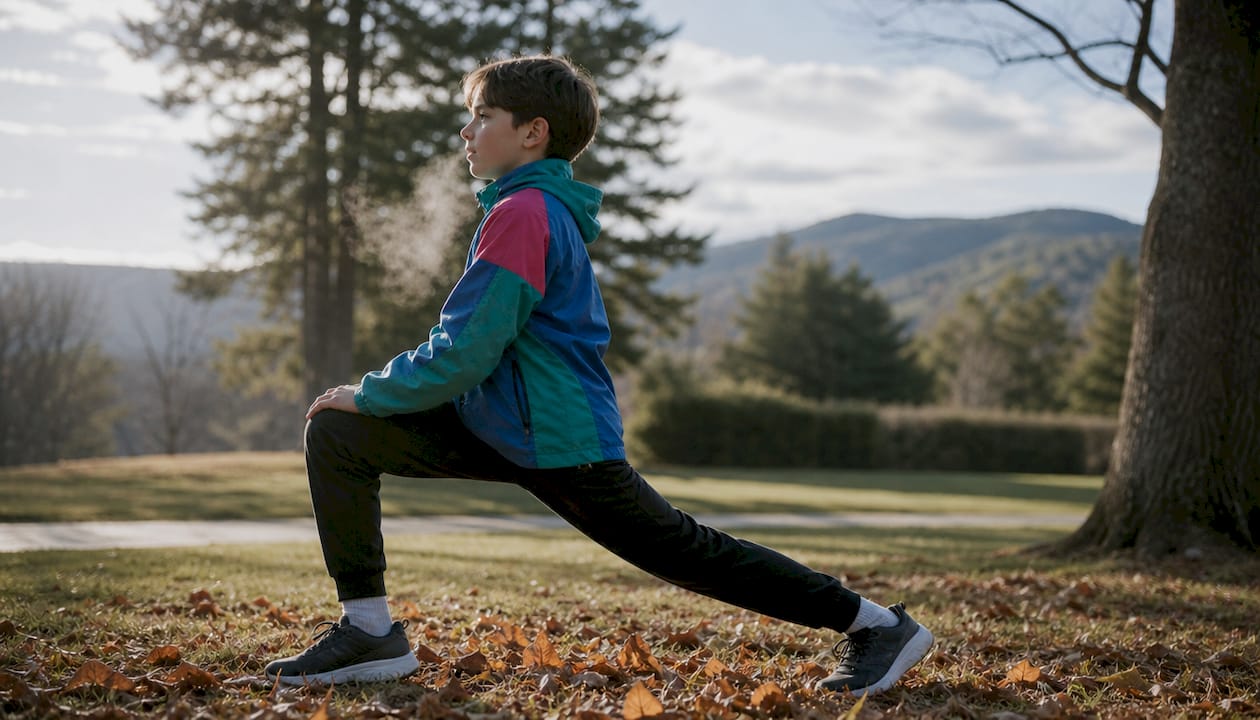 Child warming up for exercise in cold outdoor air