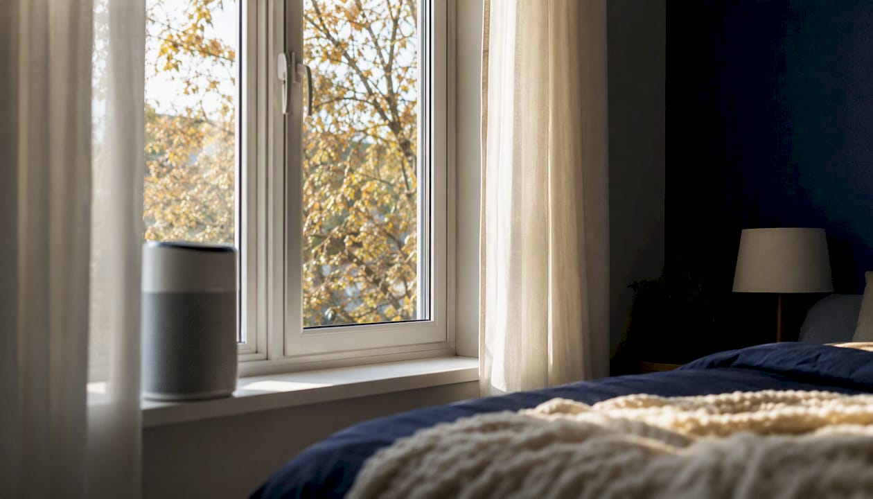 Closed bedroom window blocking outdoor pollen and smoke