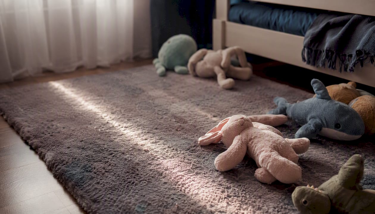 Dust and pet dander particles on bedroom soft surfaces