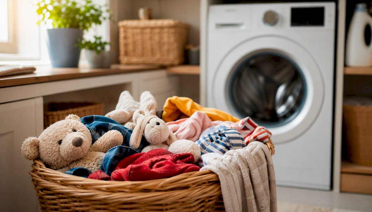 Children's clothes and soft toys ready for washing