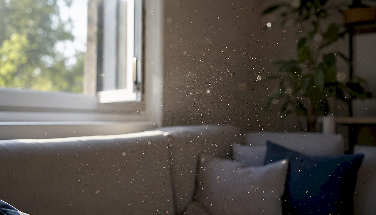 Close-up of indoor airborne particles near window