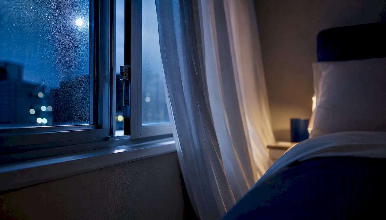 Bedroom window slightly open with narrow ventilation gap at night