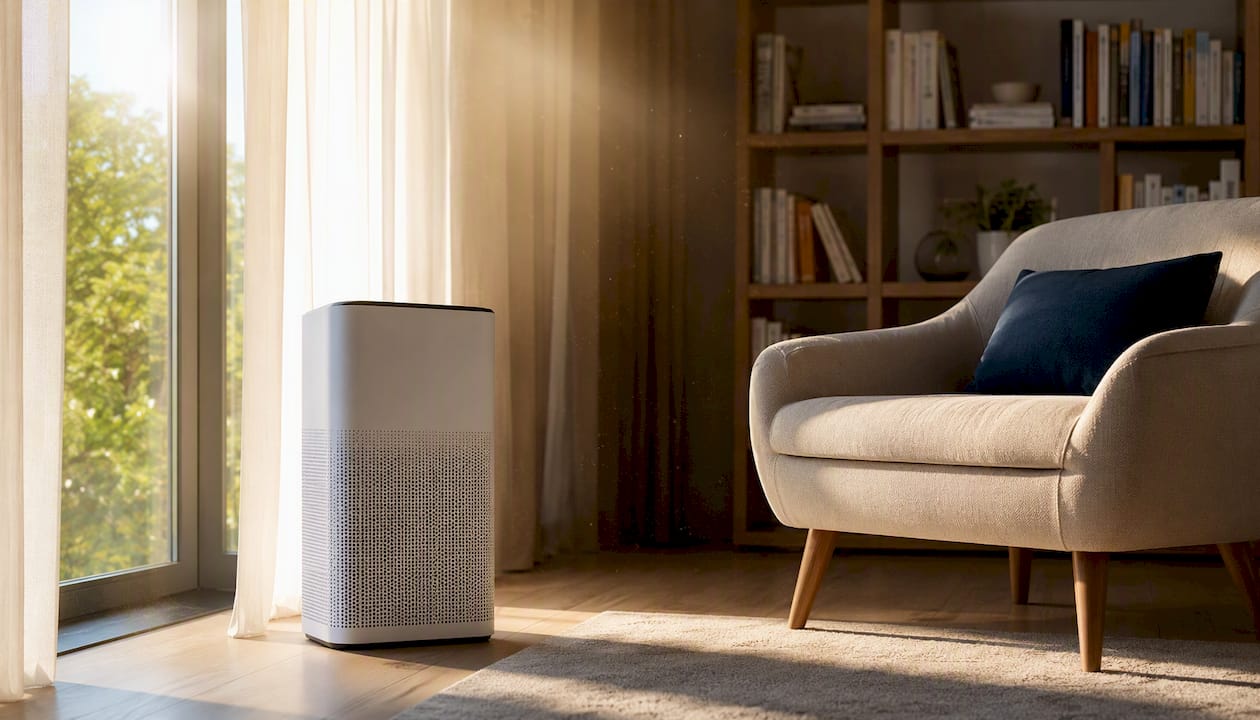 Air purifier positioned in living room corner
