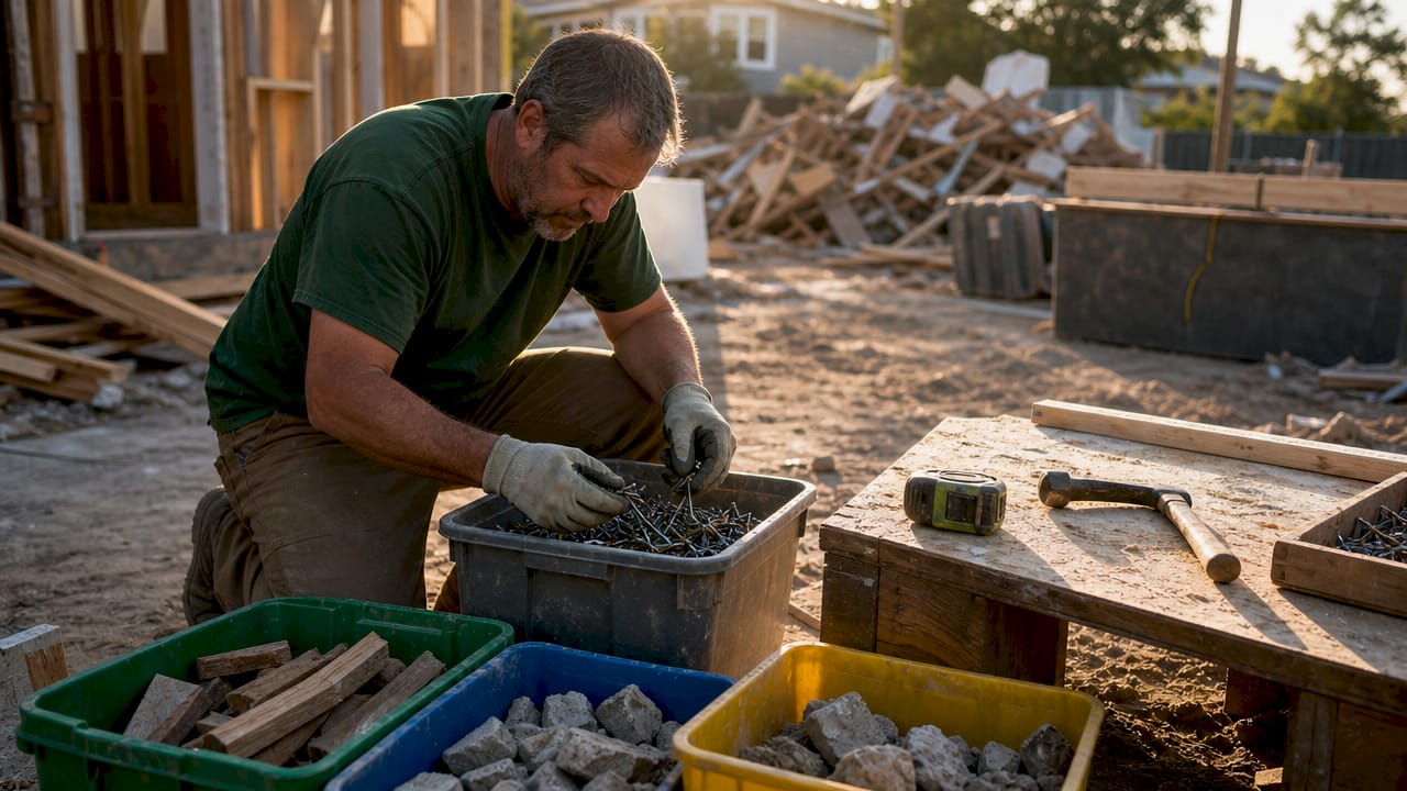 Hands sorting construction debris into bins