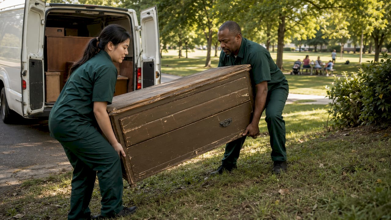 Workers carrying refrigerator during junk removal