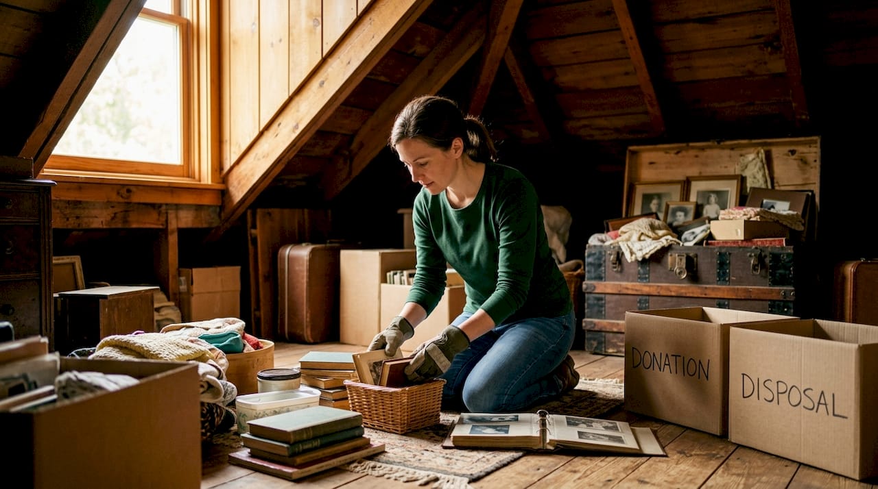 Woman sorting items for removal in basement