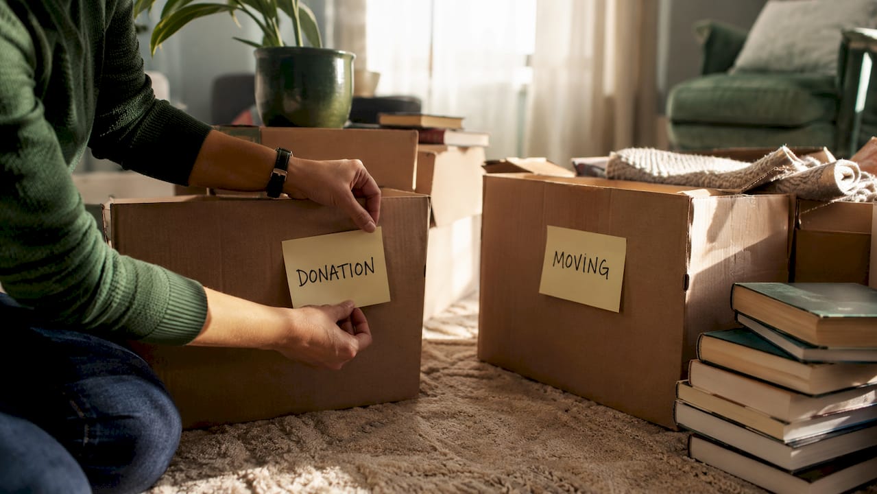 Hands sorting boxes for moving and cleanout