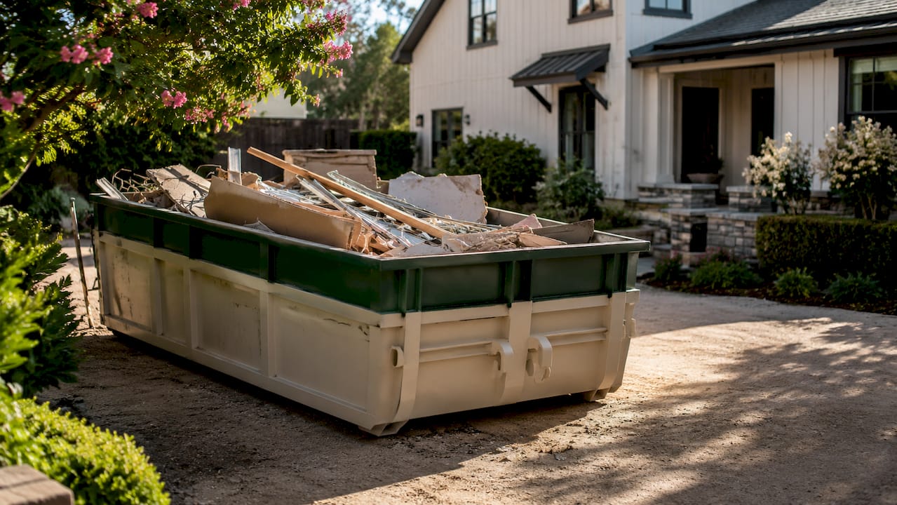 Dumpster filled with renovation debris outside house