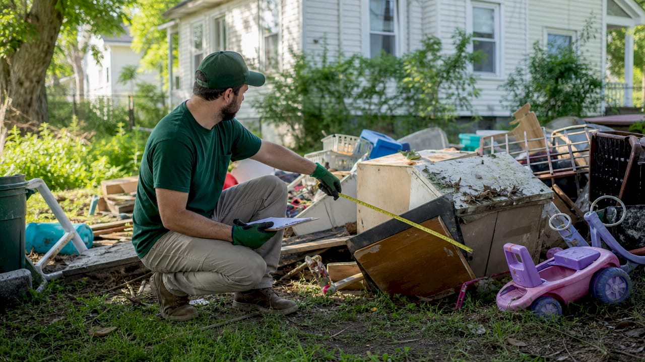 Worker measuring and assessing junk debris volume