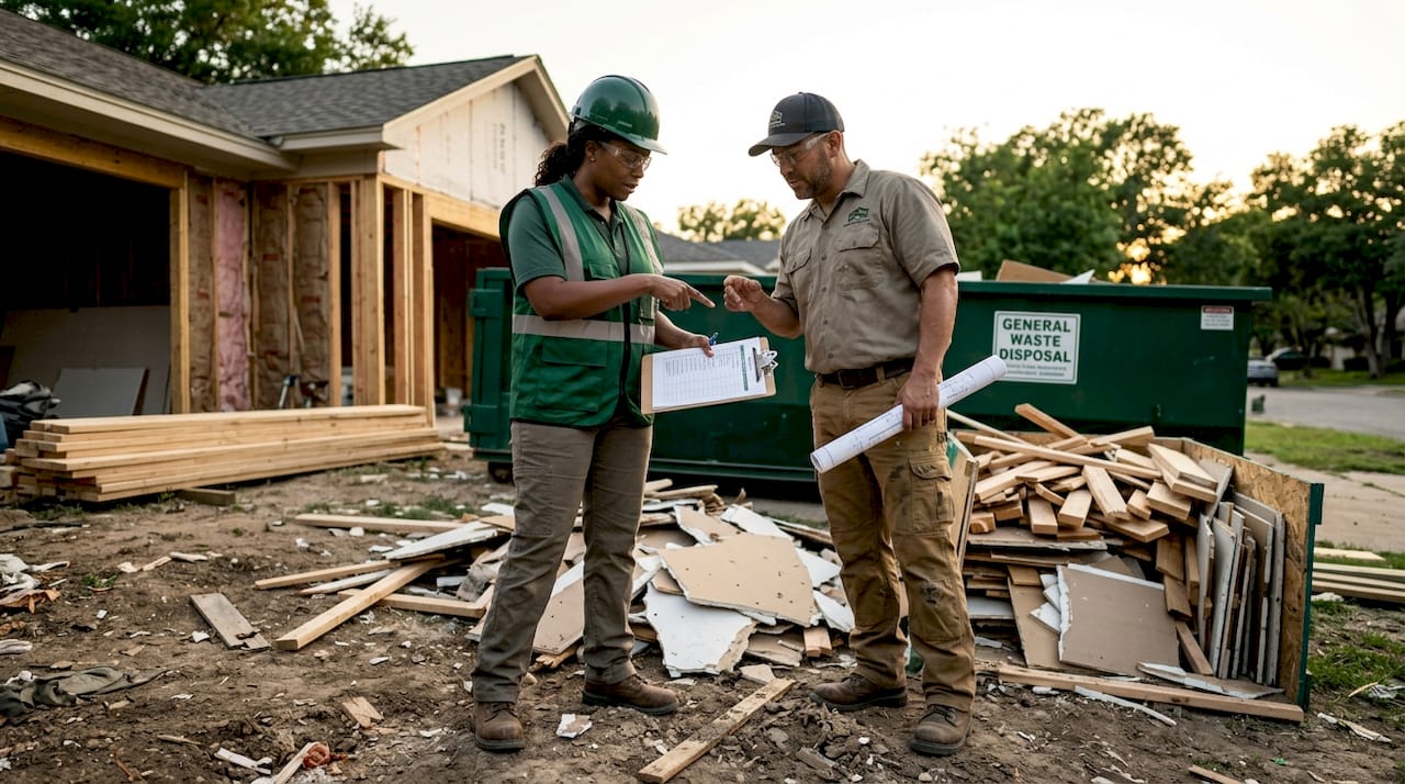 Two construction supervisors planning debris removal on site