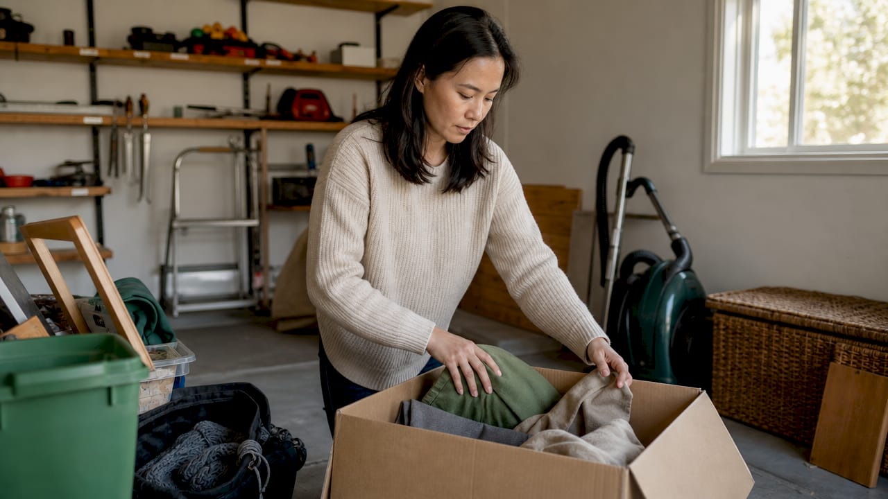 Landlord sorting tenant belongings outdoors