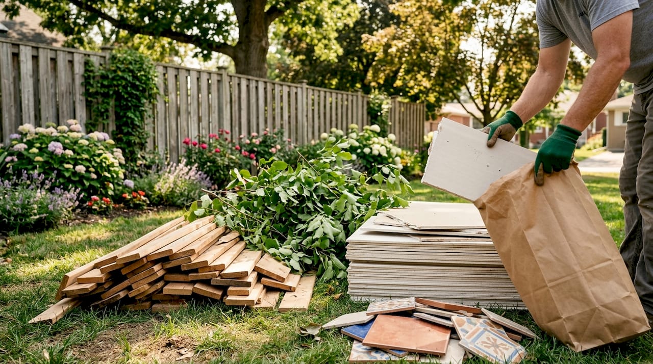 Sorted yard and renovation debris piles outdoors