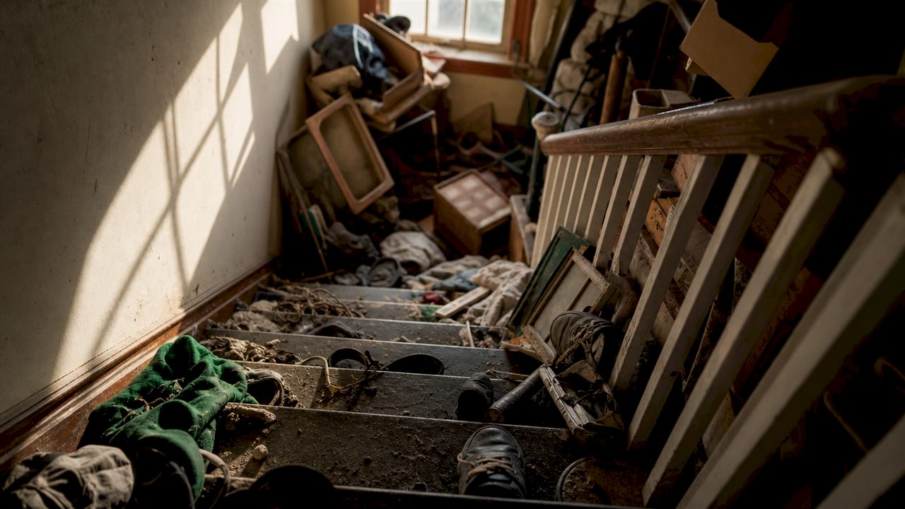 Cluttered hazardous staircase indoors