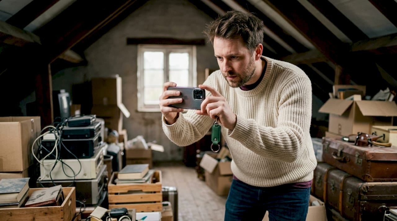 Man filming basement junk for removal