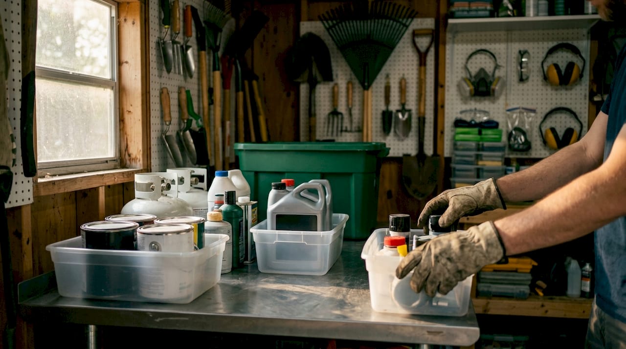 Hands sorting hazardous materials for junk removal in garage