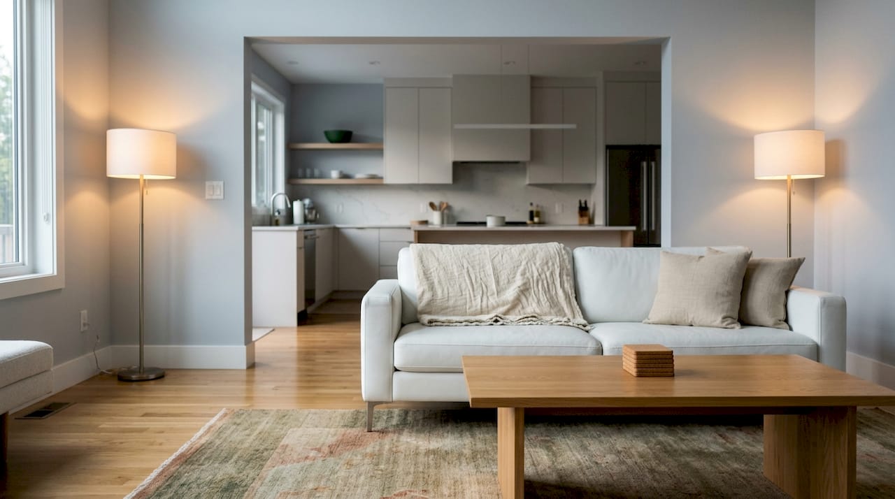 Bright, open decluttered living room interior