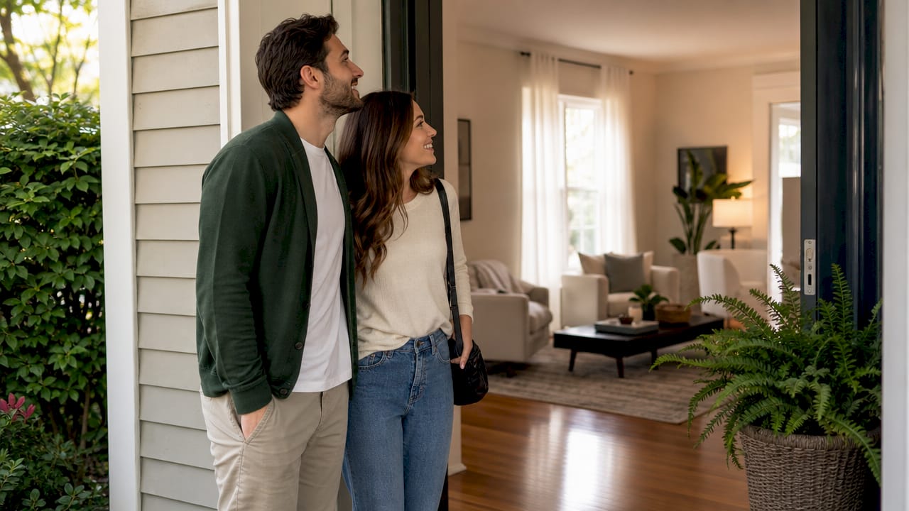 Couple viewing clean, clutter-free home interior