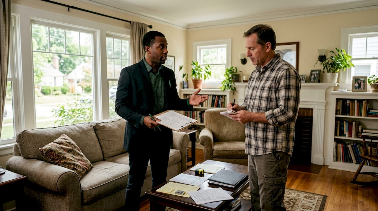 Estate realtor discussing home inspection at property