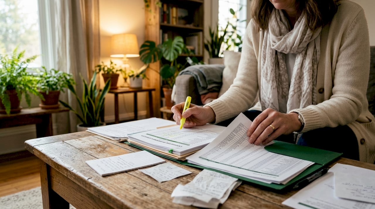 Hands organizing estate cleanout financial documents