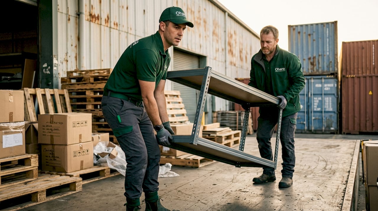 Workers removing shelving in commercial warehouse