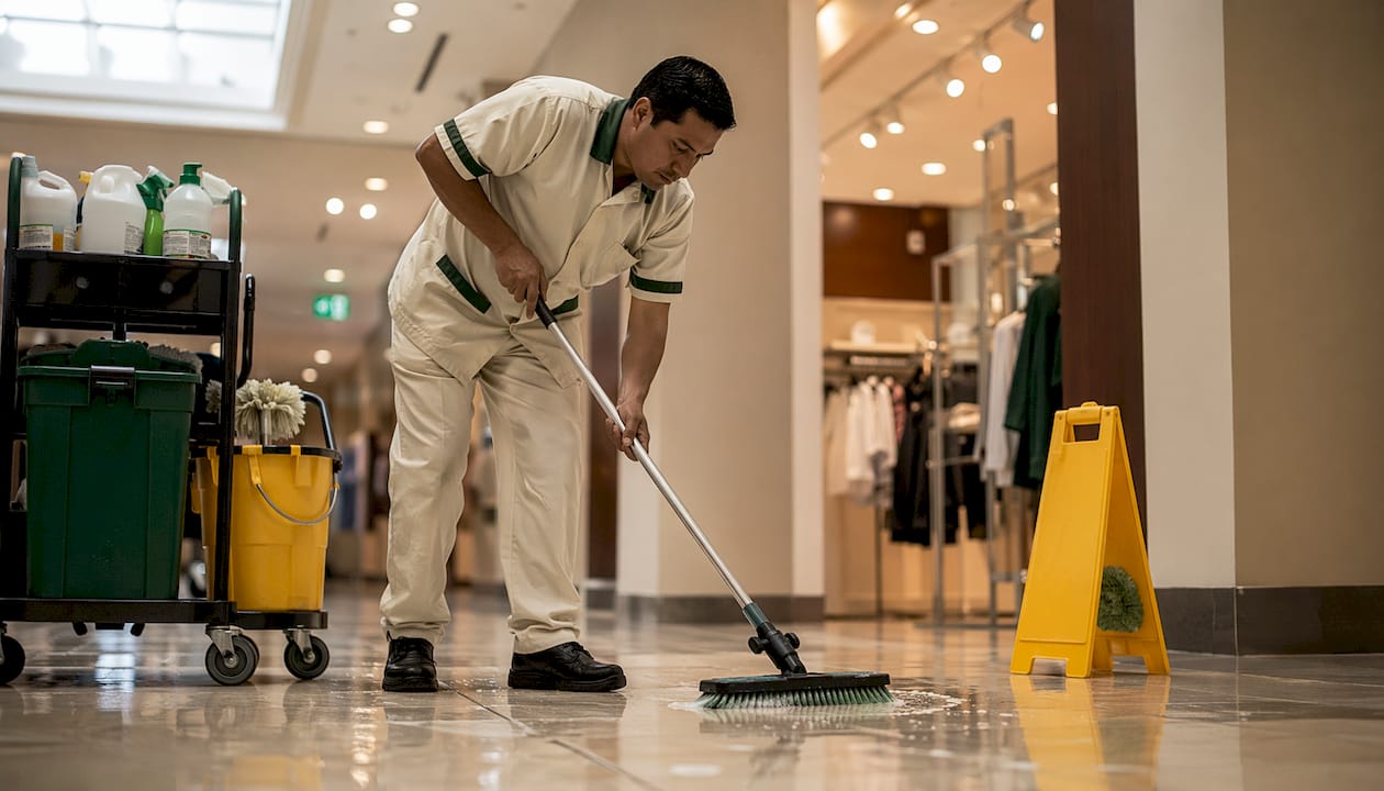 Custodian cleaning corridor floor in office building
