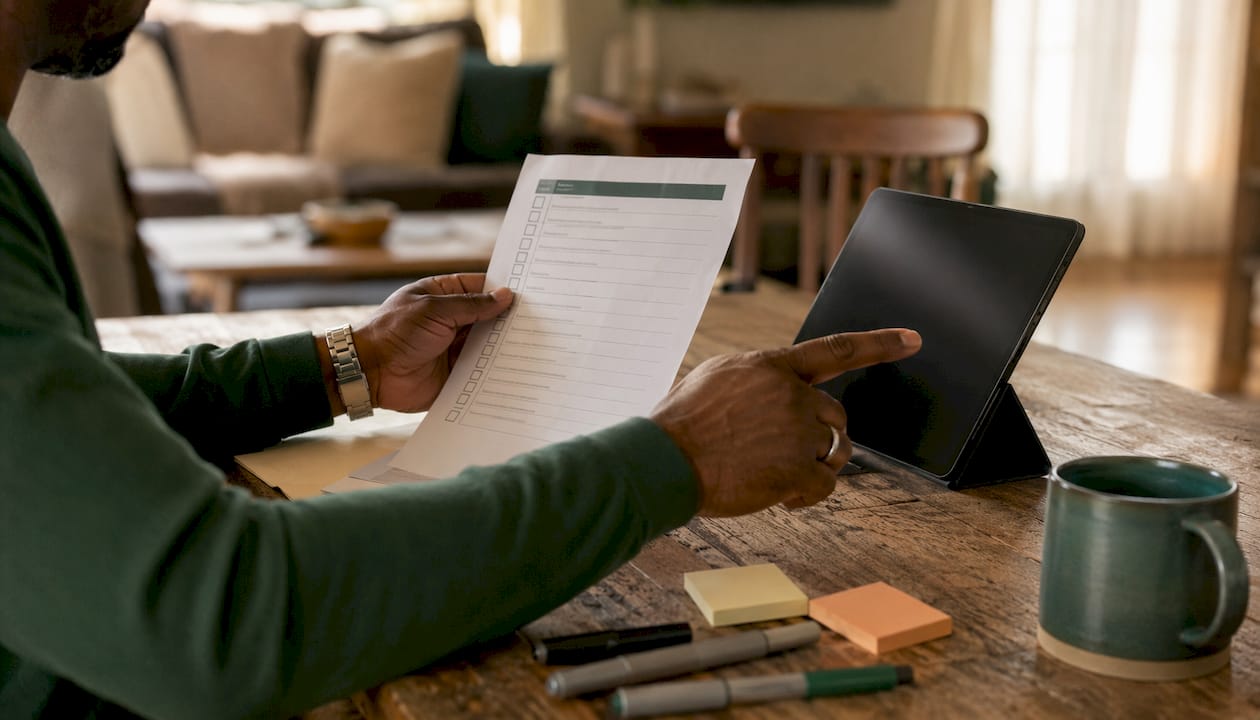 Hands pointing at checklist and tablet during preparation