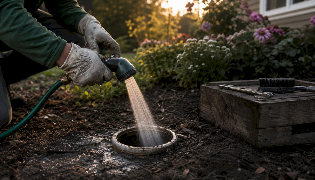 Hands flushing sewer line through cleanout pipe