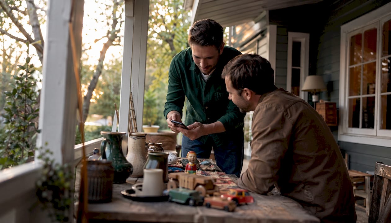 Man managing garage sale items outdoors
