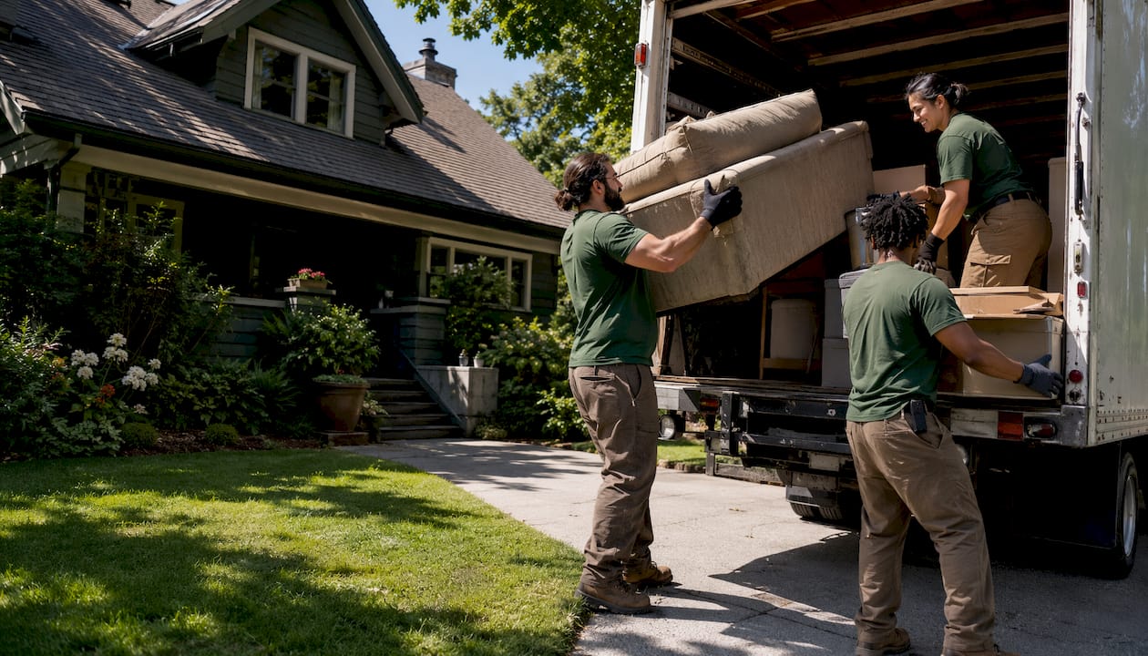Team loading junk into truck during cleanout