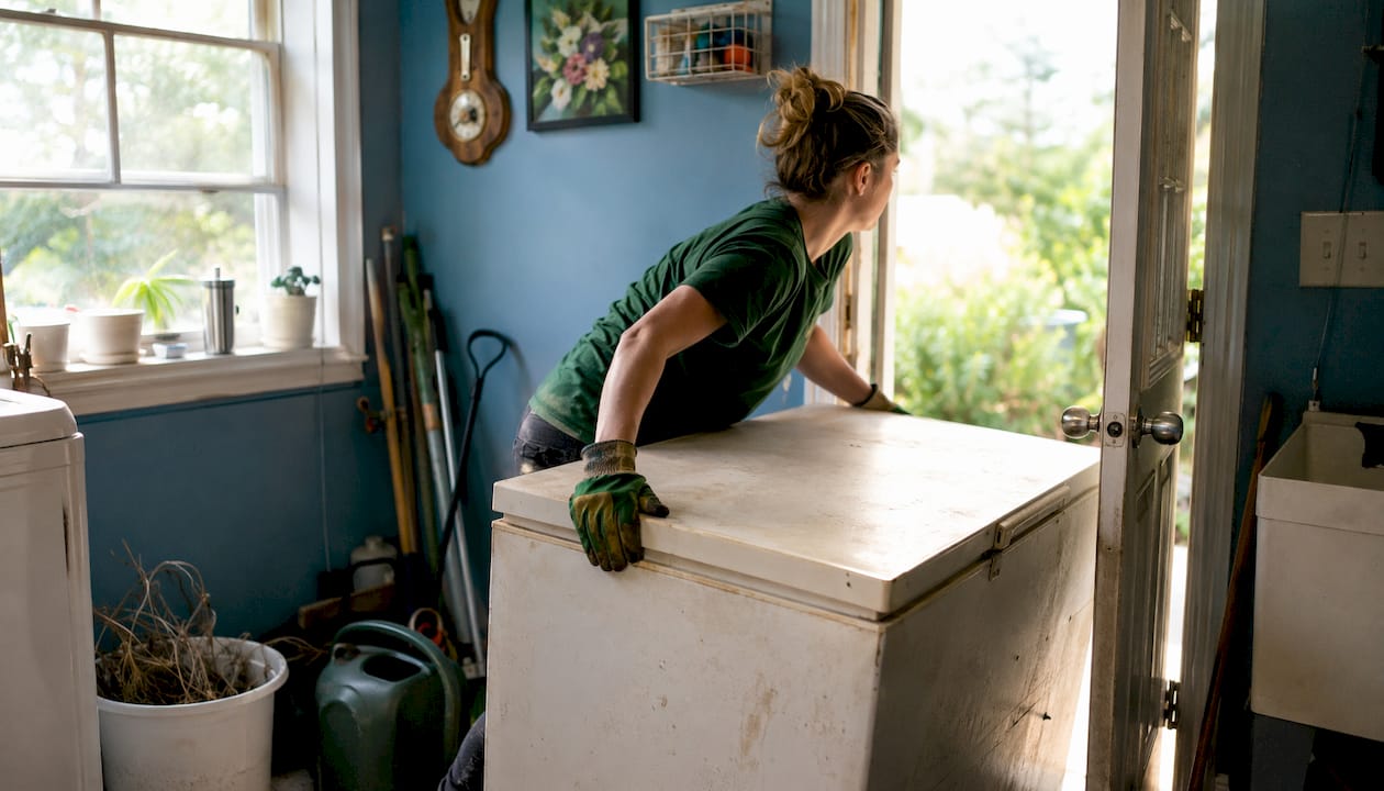 Hands unplugging old chest freezer indoors