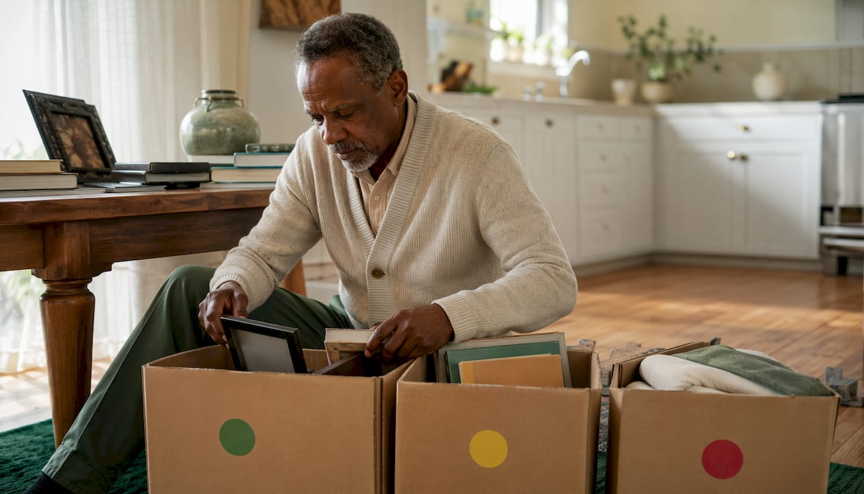 Man sorting deceased person's home belongings systematically