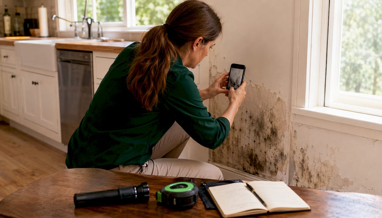 Inspector photographing suspect wall material